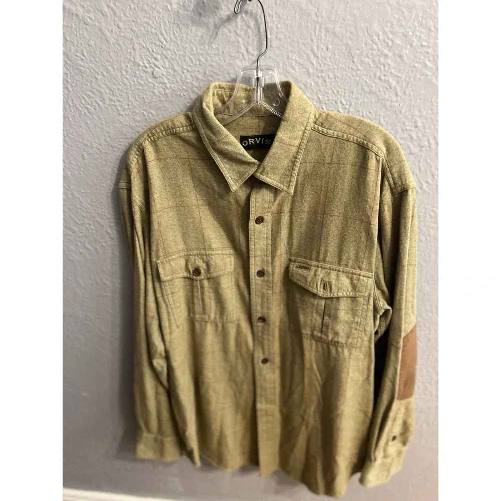 Orvis Long Sleeve Shirt Green Window Pane Suede Elbow Men Size Large - Picture 3 of 7